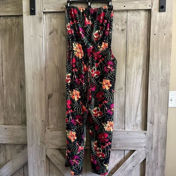 Express Strapless Jumpsuit Tropical Palm Floral hibiscus - Picture 1 of 7